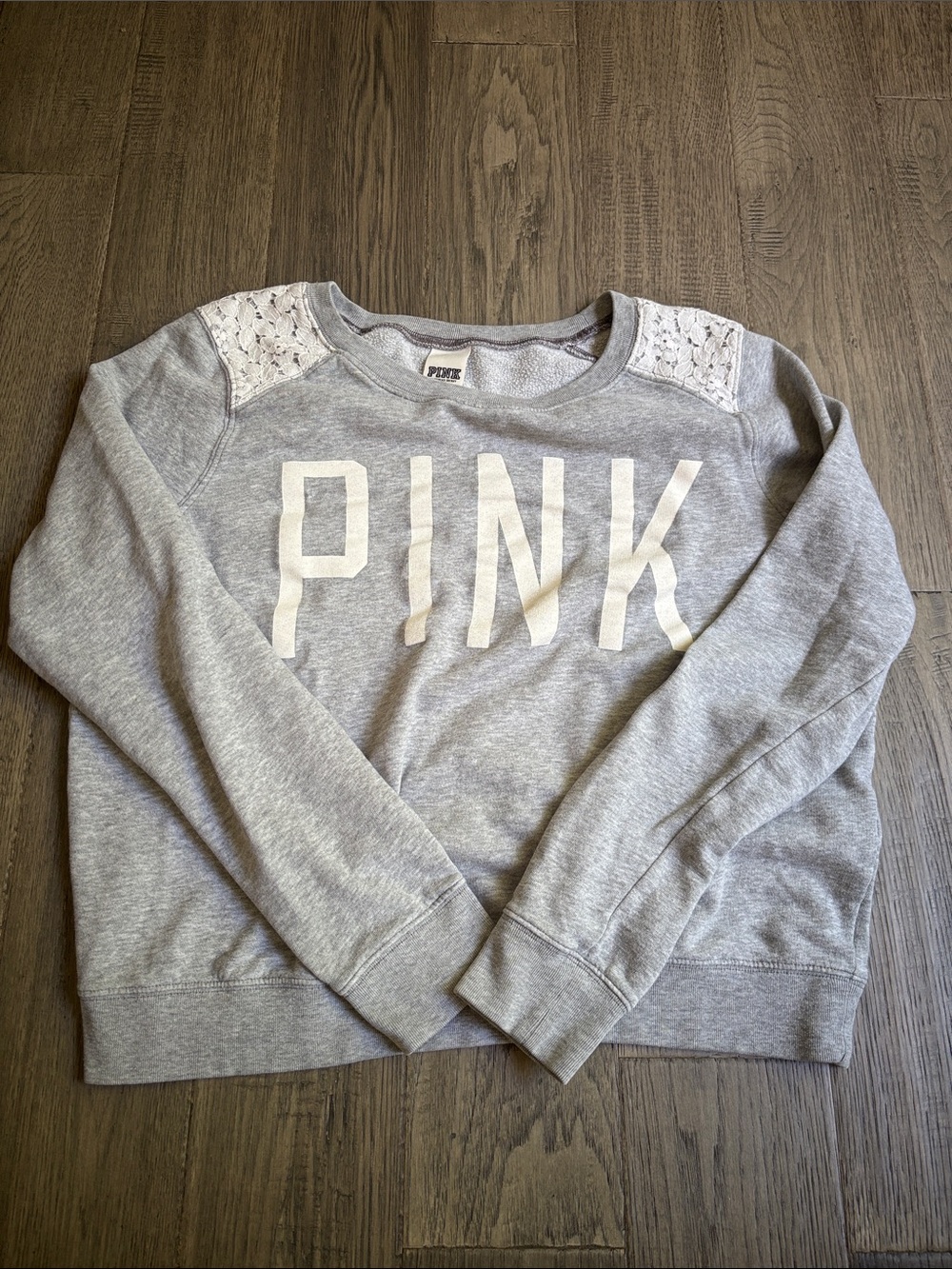 PINK Victoria's Secret |Grey Cotton Blend Lace-Shoulder Crewneck Sweater Medium